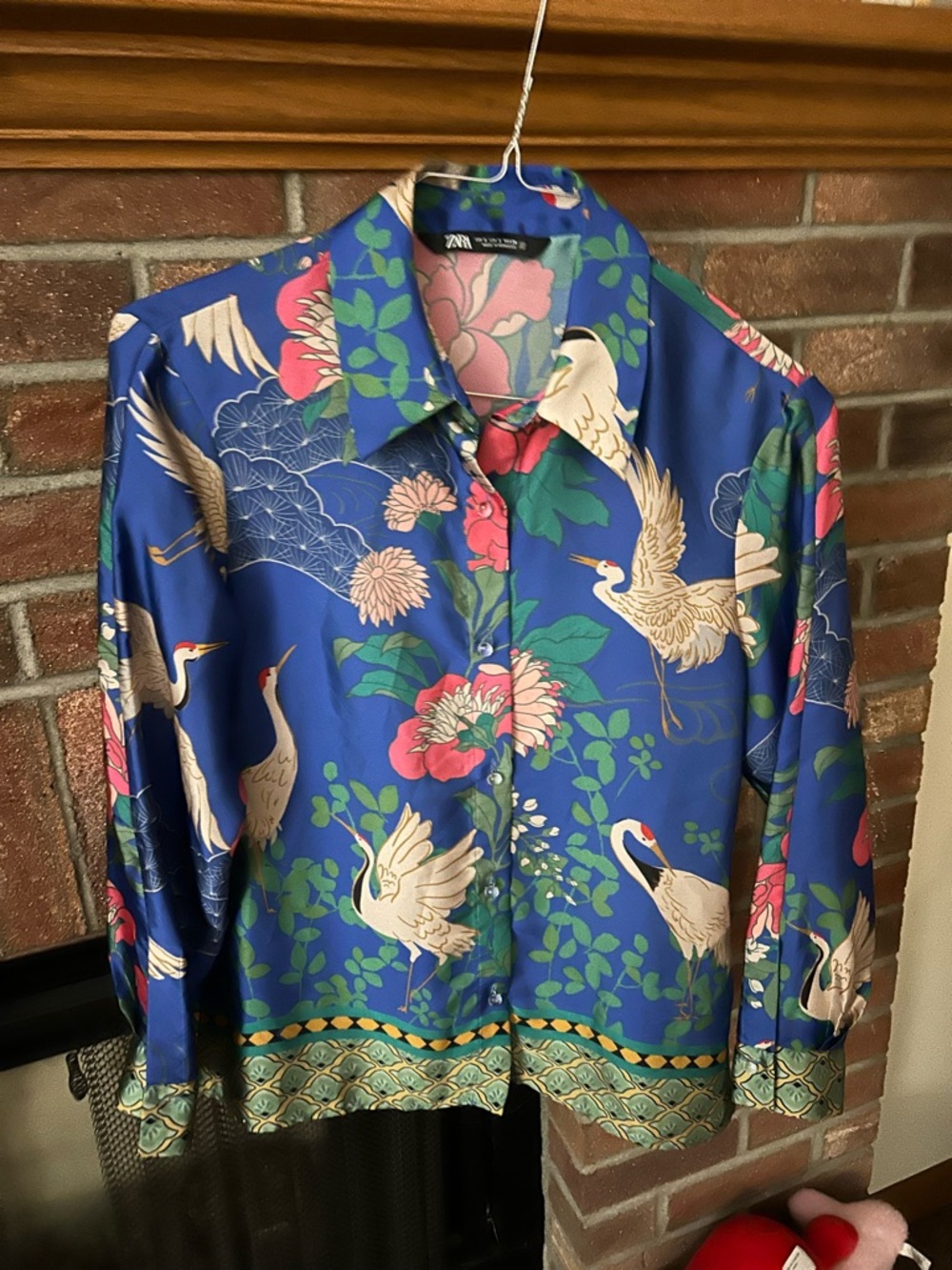 ZARA Blue Floral & Crane-Print Long Sleeve Button-Down Shirt